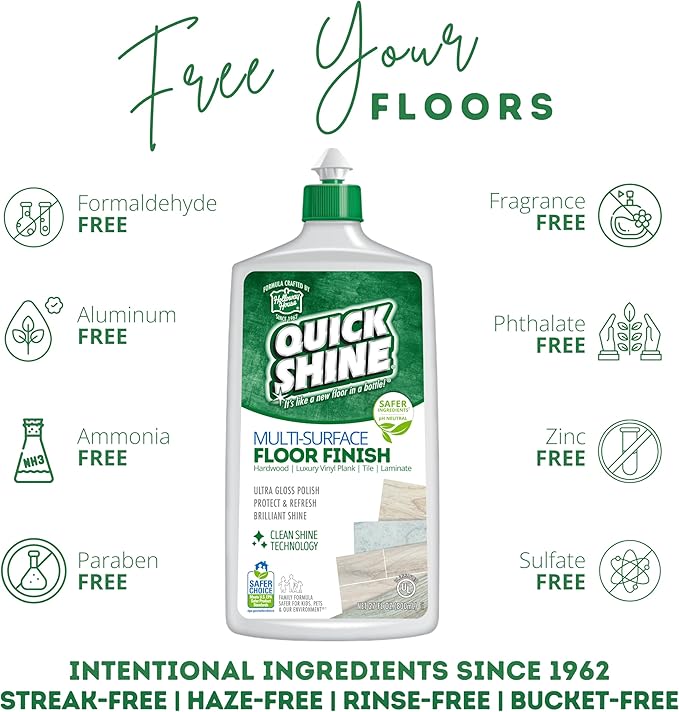 Quick Shine Multi-Surface Floor Finish-Polish 27oz-2pk | Safer Choice, No PFAS, pH Neutral Clean Shine Technology | Squirt & Spread | For Wood, Laminate, LVP, LVT, Tile & Stone | Made in USA