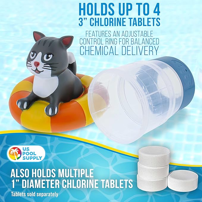 U.S. Pool Supply Kitty Cat Floating Pool Chlorine Dispenser, Collapsible Base, Holds 3" Tablets - 7" Fun Cute Happy Pet Life Preserver Animal Float Floater Decoration, Adjustable Balanced Delivery