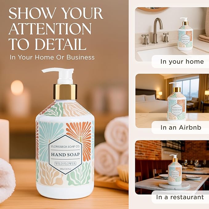 FlowerBox Liquid Hand Soap with Pump – Set of 4 Scented, Decorative Hand Soap Dispensers for Bathroom and Kitchen – 500 mL Luxury Floral Mosaic Bottles, Gift Pack