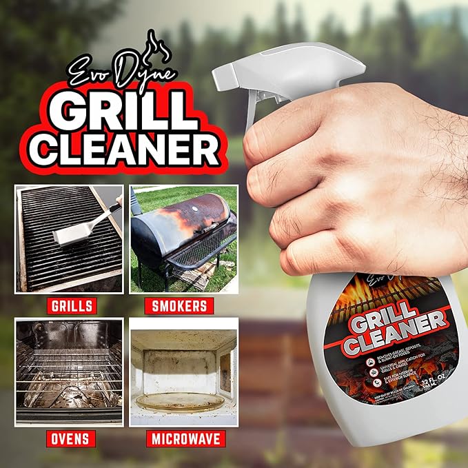 Evo Dyne Grill Cleaner Spray (32 oz), Made in USA - Quickly Cleans BBQ Burnt-on Foods and Grease from Grill Grates - Heavy Duty, Fast-Acting Formula, Less Scrubbing - Food Safe Grill & Oven Degreaser (2-Pack)