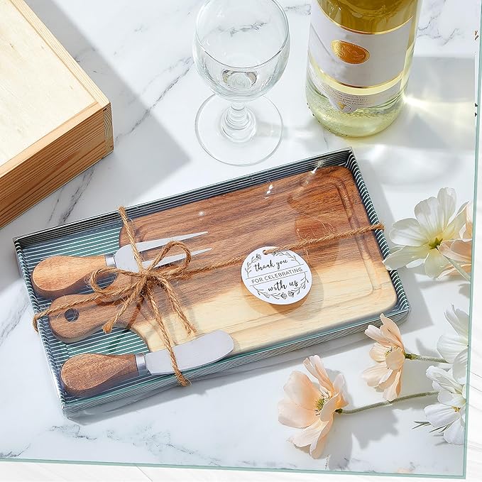 70 Sets Bridal Baby Shower Cheese Prizes Wooden Square Board Gift Set Knives Forks Thank You Tags with Box for Guests for Valentines Bridal Baby Shower Housewarming (Acacia Wood)