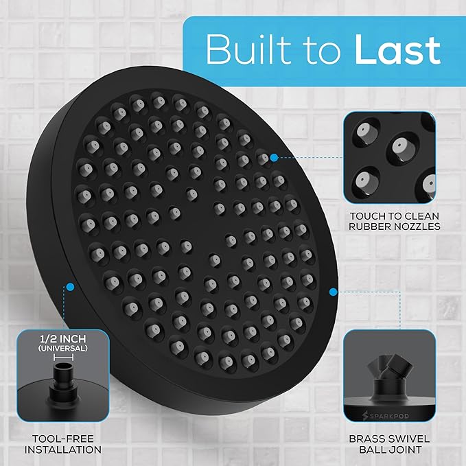 SparkPod Shower Head - High Pressure Rain - Premium Quality Luxury Design - 1-Min Install - Easy Clean Adjustable Replacement for Your Bathroom Shower Heads (Midnight Black Matte, 6 Inch Round)