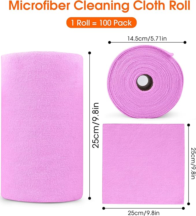Microfiber Cleaning Cloth Roll - 100 Pack Tear Away Microfiber Paper Towels, Reusable, Washable, Scratch-Free, Kitchen Towels for Car, Home, Kitchen, Glass, Dishes (Light Purple)