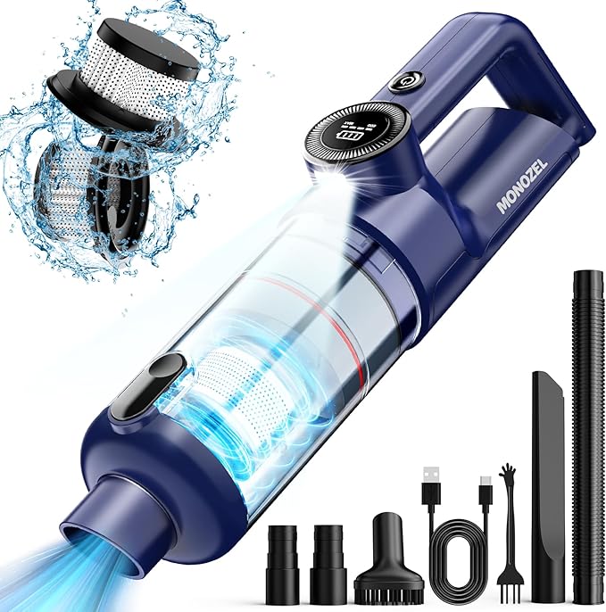 Handheld Vacuum Cordless - Car Vacuum Cleaner with Brushless Motor, 15kPa Powerful Suction Vacuum with LED Light, Type C Port, 2 Fliters, Portable Hand Vacuum for Home, Pet and Car