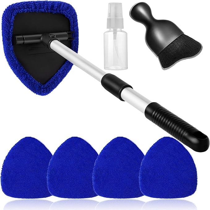 7pcs Windshield Cleaner Tool Car Window Cleaning Wash Kit with 4 Reusable Microfiber Pads 1 Spray Bottle and Extendable Handle Auto Glass Wiper Kit, Blue