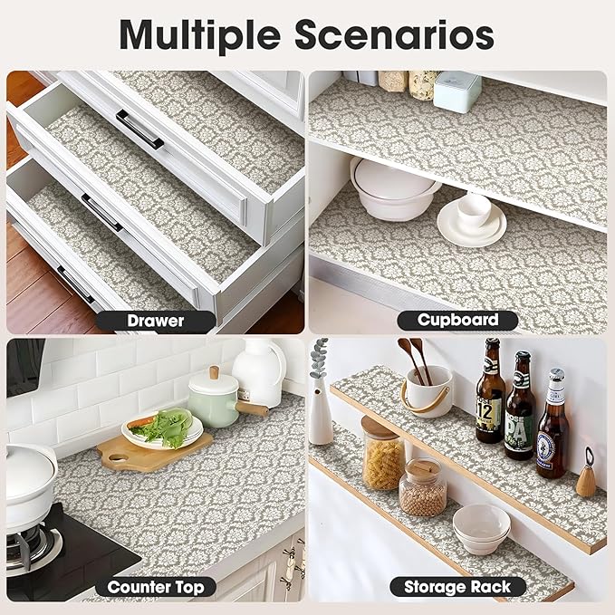 Drawer and Shelf Liner, Non-Slip Kitchen Cabinet Liners Non-Adhesive Thick Strong Grip Waterproof Washable Mats Protect Dresser Shelves Cupboard Bathroom Cabinets, Boho: Beige, 24 in X 10 FT