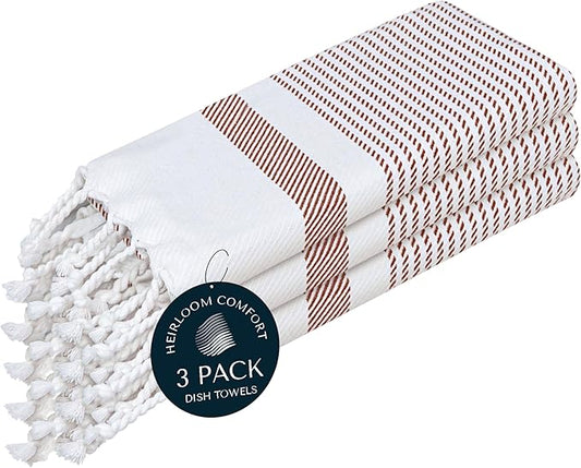 Brown Turkish Kitchen Towels 16x26 Inch, 3 Pack, 100% Cotton, Ultra Absorbent, Soft, Fast Dry, Machine Washable, Dish Towel with Tassels for Drying Dishes, Cleaning, Everyday Use