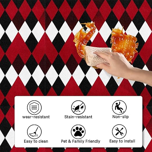 Nuxovilar Peel and Stick Vinyl Floor Tiles, 11.8"x11.8" Red & Black Argyle Pattern, 10-Pack Self-Adhesive Flooring