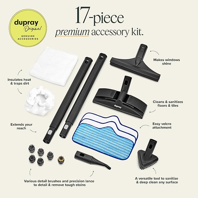 Dupray Neat Plus Steam Cleaner with 17-Piece Accessory Kit. A powerful multi-purpose steamer designed for deep cleaning floors, upholstery, grout, and more. *Kills 99.9% of Bacteria & Viruses