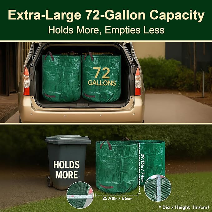 72 Gallon Reusable Yard Waste Bags (3 Pack), Heavy Duty Stand-Up Leaf & Lawn Bags, 150 GSM Woven PP (PE Coated), Double-Layer Bottom, Top & Bottom Reinforced Handles, Cowhide Gloves Included