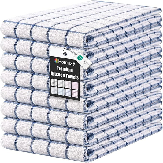 Homaxy Premium Kitchen Towels(16”x 28”, 8 Pack), Large Ring Spun Cotton Dish Towels, Super Absorbent Soft Terry Kitchen Hand Towels, Check Design Tea Towel Set with Hanging Loop, Navy Blue