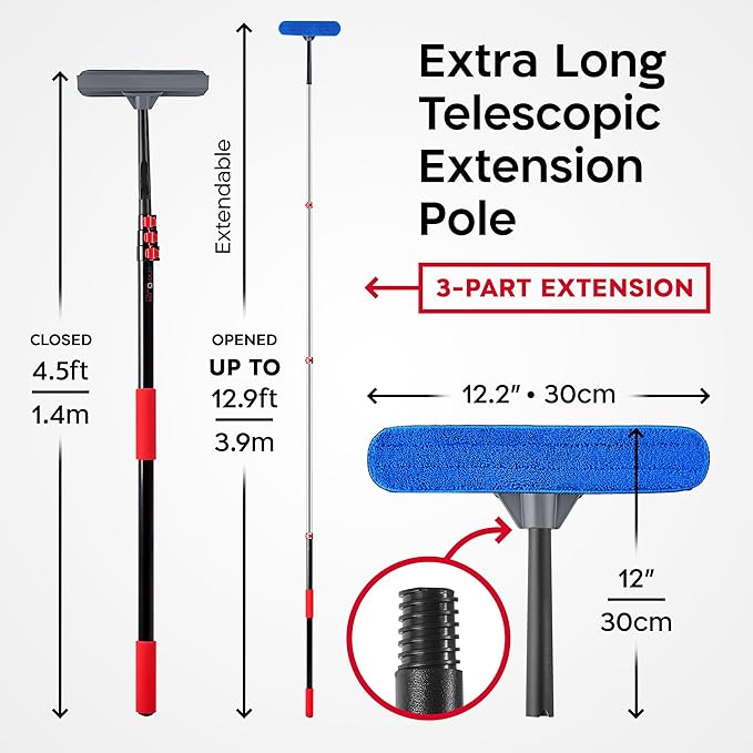 Tyroler Professional Window Squeegee with Extension Pole | 4.5-12.9ft Squeegee for Windows Cleaning | Outdoor Window Cleaner Tool, Windows Washing Kit with Extension Pole | Window Cleaning Kit