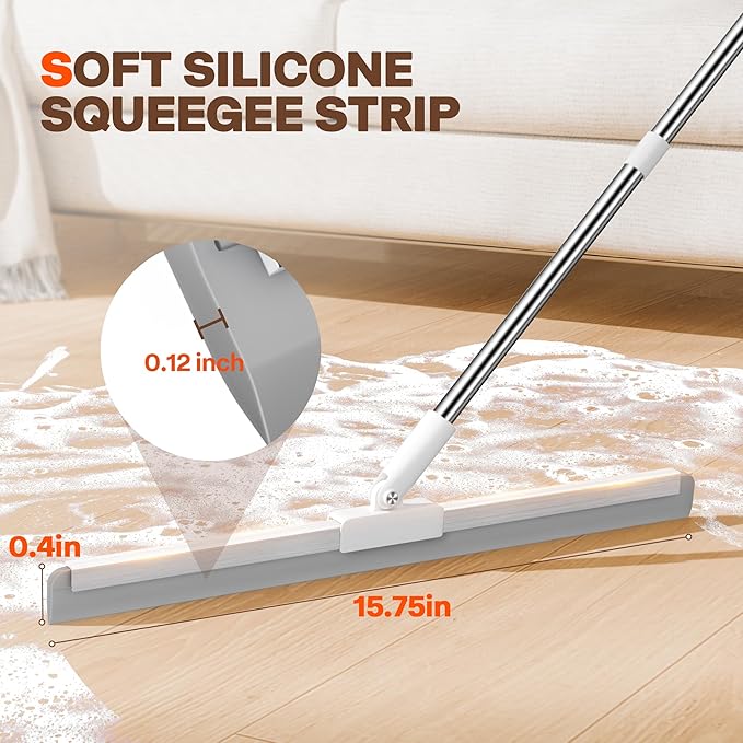 Silicone Squeegee for Floor, 180° Rotating Squeegee Broom, Floor Squeegee with a Long Handle, Squeegee for Water and Pet Hair Removal on Bathroom Floors, Tile, Glass, Indoor Window Cleaning Tool