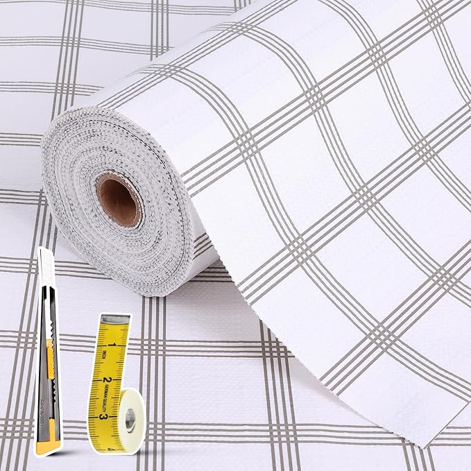 Drawer and Shelf Liner for Kitchen Cabinet: 17 in X 20 Ft Non Slip Waterproof Shelf Paper Non Adhesive Refrigerator Liners White Square Easy Liners for Bathroom Cupboard with Knife Tape Measure