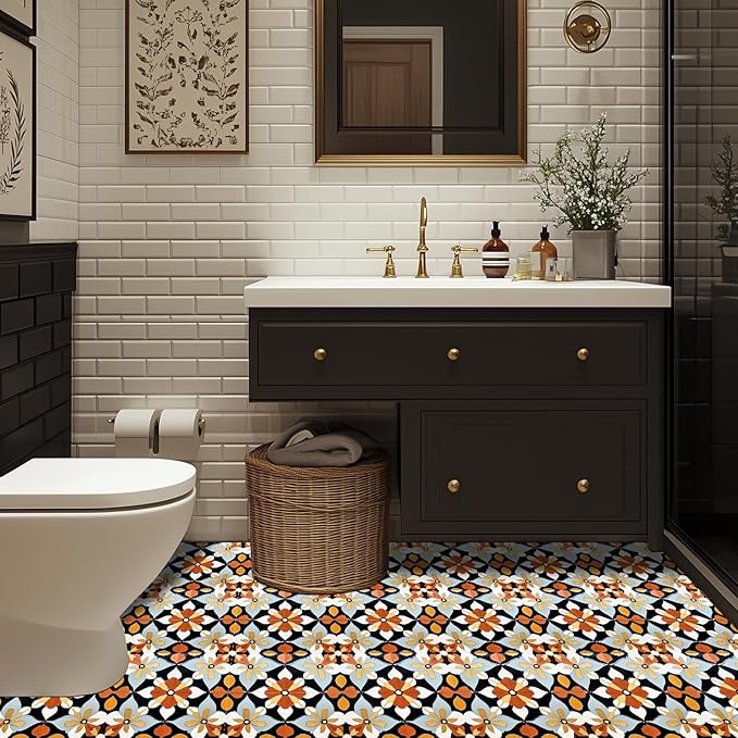 10PCS 12x12 Inch Retro Floral Pattern Peel and Stick Floor Tiles Removable Self Adhesive Vinyl Flooring Stickers for Kitchen Bathroom Living Room Entryway Home Decor