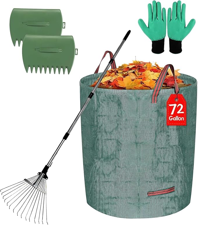 Adjustable Metal Leaf Set 65" Adjustable Handle Rake Set,32-63" Handle, 8-23" Wide with 72-Gallon Leaf Scoops&Bag-Heavy Duty Garden Rake for Lawns, Shrubs, Grass, Flower Beds & Outdoor Use