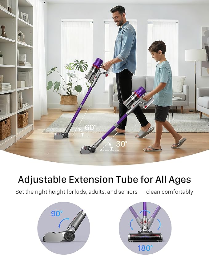 Cordless Vacuum Cleaner for Home - Powerful Stick Vacuum with HEPA Filter, 55-Min Runtime, LED Light, Anti-Tangle Brush, Detachable Battery,Lightweight Vacuum for Pet Hair,Carpets & Hard Floors