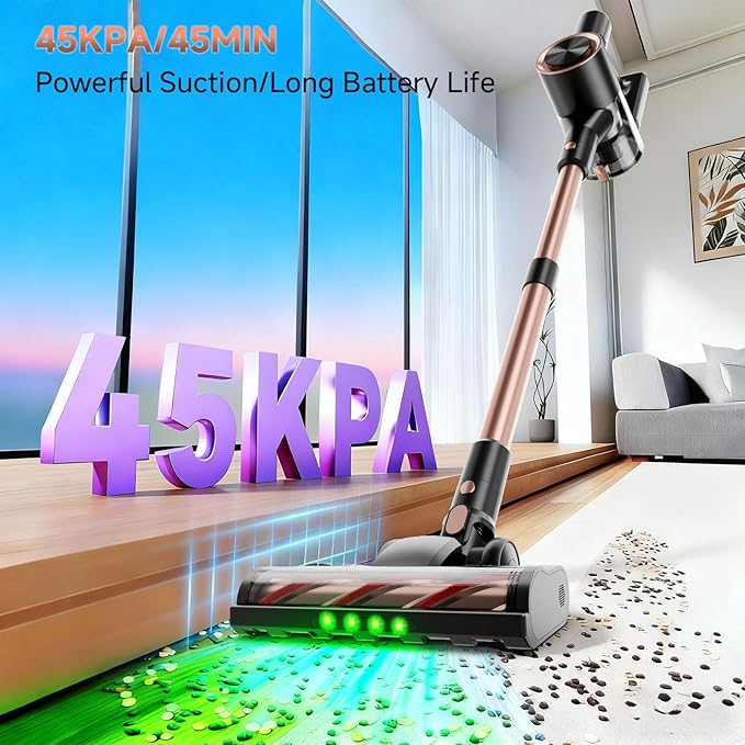 Cordless Stick Vacuum Cleaner - 45KPA Powerful Suction Vacuum with 45 Min Runtime, Detachable Battery, Anti-Tangle & 1.5L Dust Cup, 8 in 1 Vacuum Cleaner for Pet Hair, Carpet, HardFloor, Pink