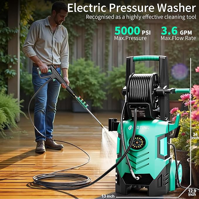 Pressure Washer 5000PSI with Adj-8-Level Touch Screen, 34" Tall Power Washer, 4 Quick Connect Nozzles, Inlet Hose&Filter&500mlFoam Cannon
