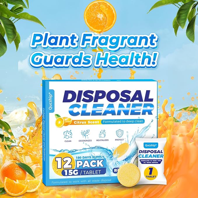 Qucship Garbage Disposal Cleaner Tablets - 12 Pack, XXL Foaming Disposal Cleaner - Powerful Deep Cleaning & Grease Remover, Septic Safe Kitchen Sink Drain Care for Maintenance