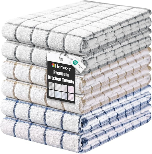 Homaxy Premium Kitchen Towels(16”x 28”, 6 Pack), Large Ring Spun Cotton Dish Towels, Super Absorbent Soft Terry Kitchen Hand Towels, Check Design Tea Towel Set with Hanging Loop, Navy Blue/Grey/Tan
