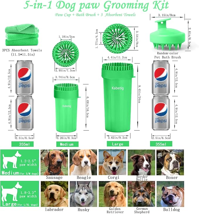 Dog Paw Cleaner Kit - Green, for L/XL Dogs, Quick Clean No Full Bath, 5-in-1 Bath Grooming Kit, Exclusive Cup-Mounted Brush Head, Grip Silicone Brush, 3 Absorbent Towels, Fits Lab