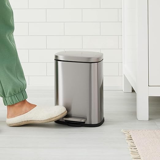 Amazon Basics Smudge Resistant Mini Rectangular Trash Can With Soft-Close Foot Pedal, Brushed Stainless Steel, for Bathroom & small space, 5L/1.32 Gal, 7.3x8.5x11.8 in, Satin Nickel Finish