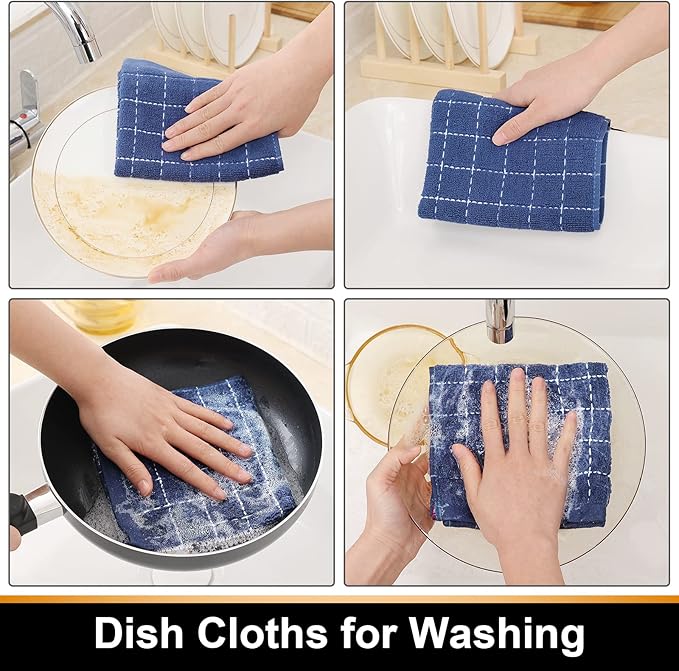 Mordimy 100% Cotton Terry Cloth Dish Cloths, Soft and Absorbent Checkered Dish Towels, Quick Drying Dish Rags for Washing Dishes, 8 Pack, 12 x 12 Inches, Navy