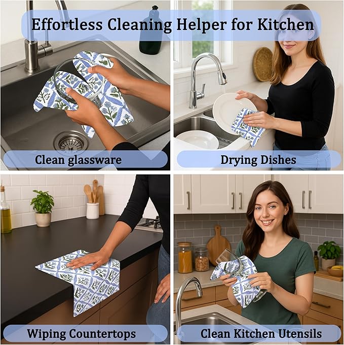Ridhi Light Steel Blue Hand Block Print Cotton Waffle Dish Cloth Set of 6-12x12 Inch Super Absorbent, Soft, Reusable Kitchen Towels for Dish Drying Cleaning, Ideal for Spring, Easter, Valentine