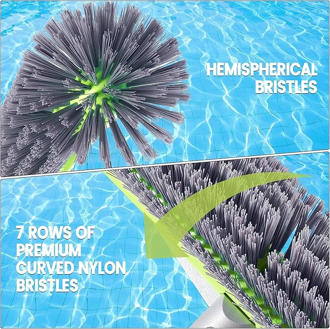 Professional Swimming Pool Brush Head with Round Ends,17.5" Heavy Duty Aluminum Back for Cleaning Pool Walls, 7 Rows Premium Nylon Bristles with EZ Clips (Green Grey)