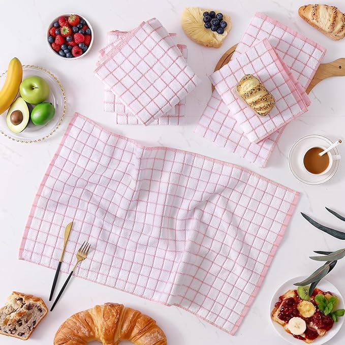 Homaxy Premium Kitchen Towels(16”x 28”, 6 Pack), Large Ring Spun Cotton Dish Towels, Super Absorbent Soft Terry Kitchen Hand Towels, Check Design Tea Towel Set with Hanging Loop, Pink