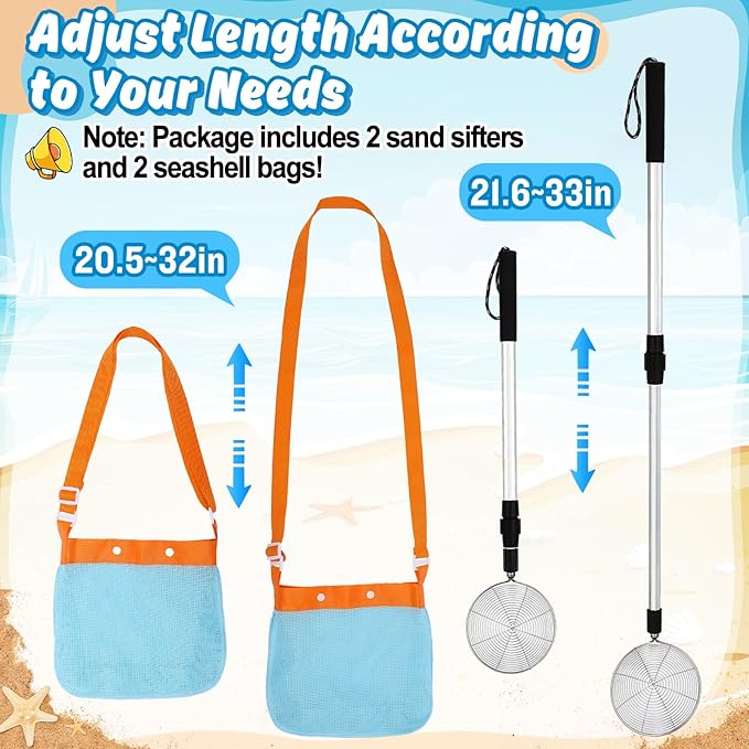 2 Pack Sand Sifter with Seashell Bags - 21.6"~33" Adjustable Shark Tooth Sifter for The Beach Seashell Collecting, Mesh Shovel Scooper with Retractable Handle, Beach Toys for Adults Family Kids