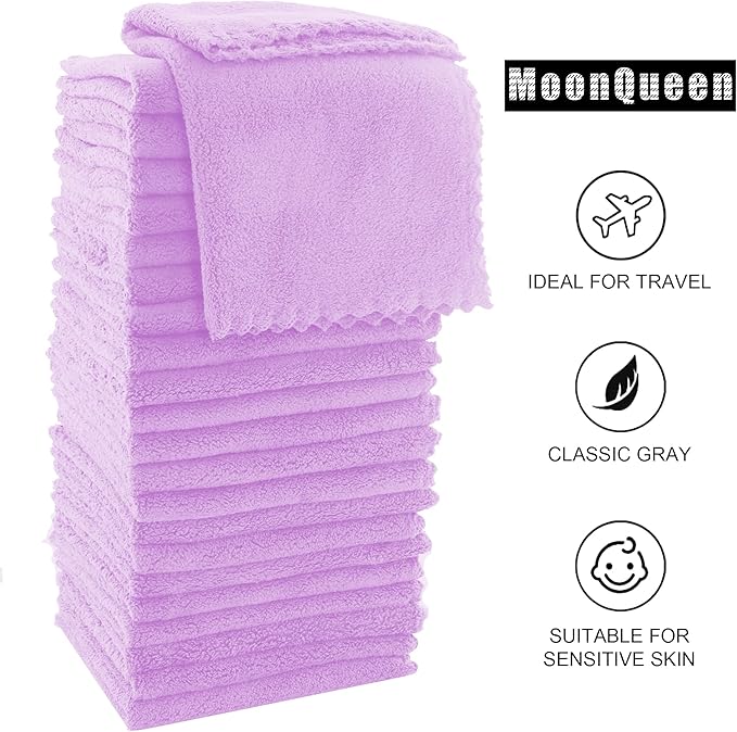 MOONQUEEN Ultra Soft Premium Washcloths Set - 12 x 12 inches - 24 Pack - Quick Drying - Highly Absorbent Coral Velvet Bathroom Wash Clothes - Use as Bath, Spa, Facial, Fingertip Towel (Purple)