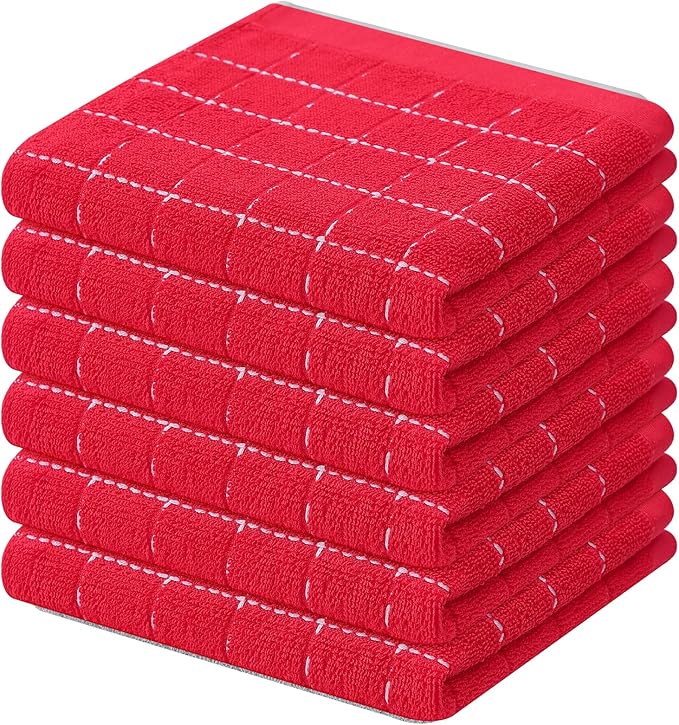 Mordimy 100% Cotton Terry Cloth Dish Cloths, Soft and Absorbent Checkered Dish Towels, Quick Drying Dish Rags for Washing Dishes, 6 Pack, 12 x 12 Inches, Red