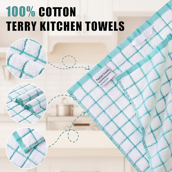 Homaxy Premium Kitchen Towels(16”x 28”, 6 Pack), Large Ring Spun Cotton Dish Towels, Super Absorbent Soft Terry Kitchen Hand Towels, Check Design Tea Towel Set with Hanging Loop, Aqua