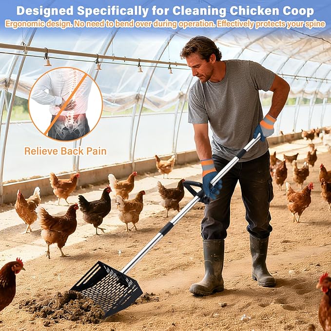 2-in-1 Chicken Poop Scooper & Rake, 10 Inch Coop Sand Sifting Shovel with 37" to 65" Adjustable Stainless Steel Handle, Litter Cleaning Tools with Gloves for Chicken Coop Farm Animals (Black)