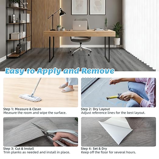 Art3d 15 Sq.ft Peel and Stick Floor Tiles, 10Pcs Luxury Vinyl Plank Flooring Wood Look, 36" × 6" Adhesive and Waterproof Tile Sticker for Bedroom, Living Room, Kitchen, Gray