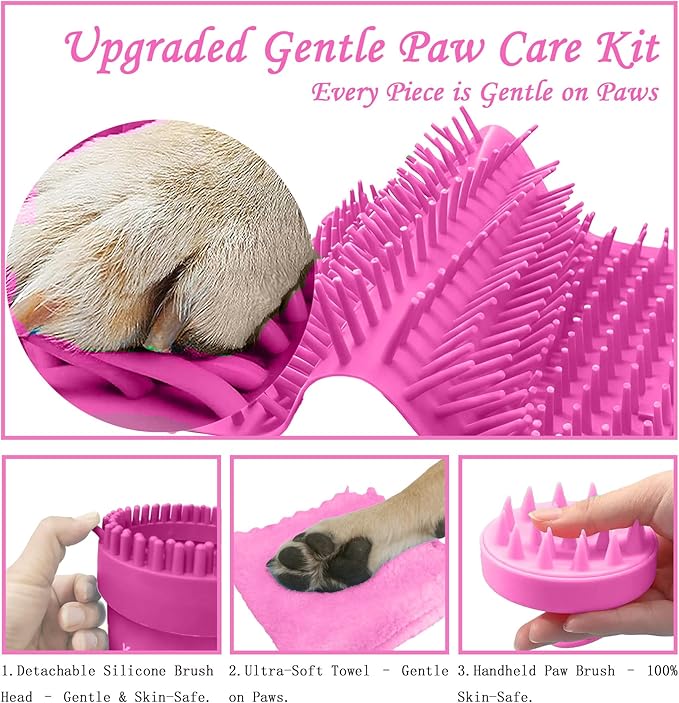 Dog Paw Cleaner Kit - Pink, for L/XL Dogs, Quick Clean No Full Bath, 5-in-1 Bath Grooming Kit, Exclusive Cup-Mounted Brush Head, Grip Silicone Brush, 3 Absorbent Towels, Fits Lab