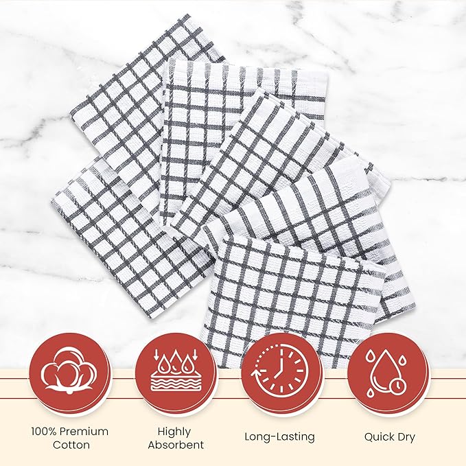 Vintage Vista 100% Cotton Dish Cloths (Pack of 6) - Dish Rags for Washing Dishes - Reusable & Highly Absorbent Kitchen Towels - Kitchen Rags for Christmas - (12" x 12" - Slate Grey Checkered)
