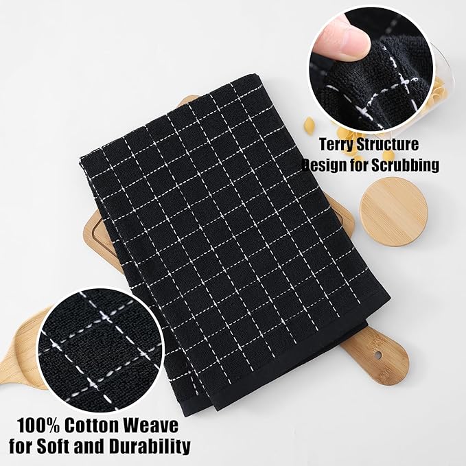 Homaxy 100% Cotton Terry Kitchen Towels(Black, 20 x 28 inches), Checkered Designed, Soft and Super Absorbent Dish Towels, Large 8 Pack