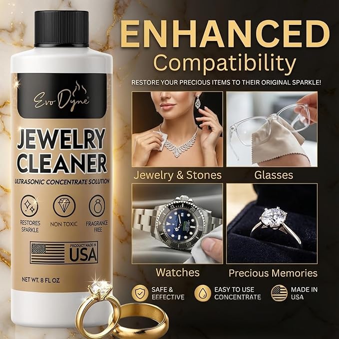Ultrasonic Jewelry Cleaner Solution (8oz) Concentrated Jewelry Cleaner for Diamonds, Gold, Silver & More | Compatible with Ultrasonic Machine (s) - Made in USA