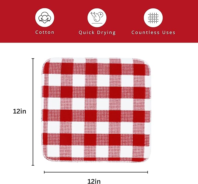 PurpleEssences Waffle Weave Plaid Dish Cloths, 100% Cotton, 12x12 Inch, Soft Absorbent Quick Drying Buffalo Check Dish Rags for Kitchen, 8 Pack, Christmas Holiday Winter - Red & White