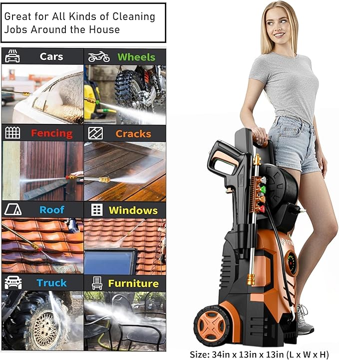 2026New Pressure Washer 4800PSI, 34" Tall, 4 Quick Connect Nozzles,Inlet Hose&Filter&500mlFoam Cannon for Cars/Fences/Driveways/Home Cleaning,Red