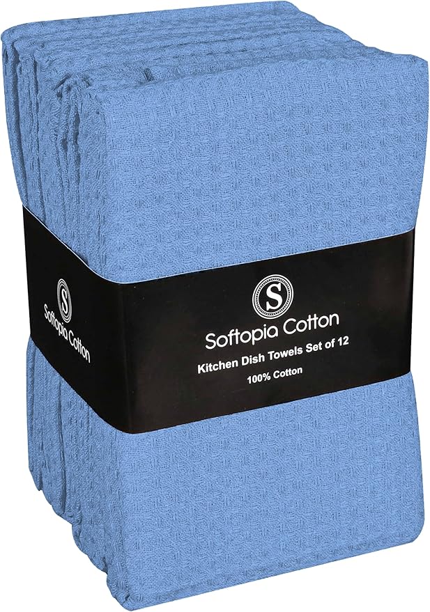Sky Blue Kitchen Dish Towels Set of 12-100% Cotton Waffle Weave, Super Absorbent, Soft, Quick Drying, 16x26 Inches, Ideal for Cleaning, Bar, Tea, and Everyday Use, Light Blue