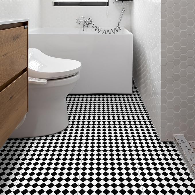 Elffloor Peel and Stick Floor Tile: 10pc 11.8 * 11.8in Self-Adhesive Waterproof Vinyl Flooring Black and White Tiles Sticker for Bathroom, Kitchen, Bedroom, Living Room ﻿