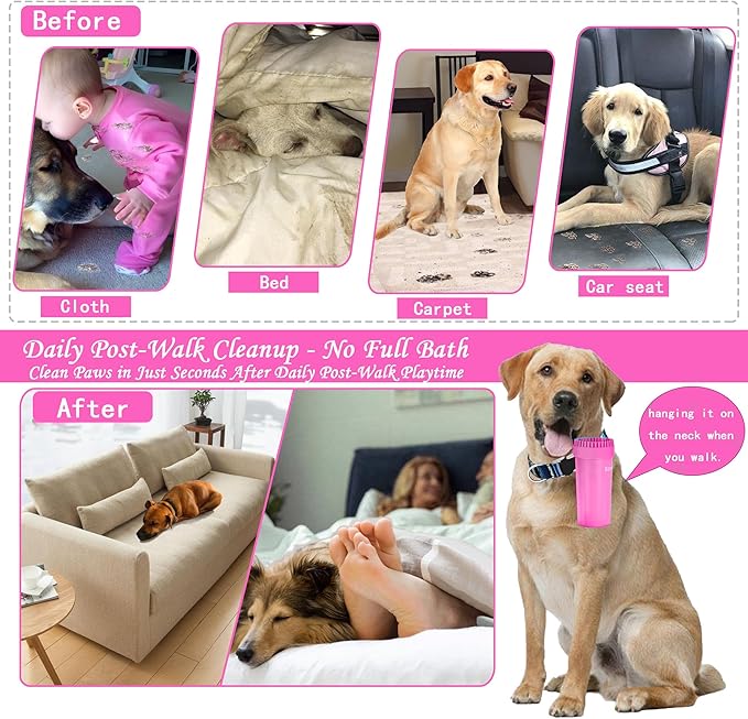 Dog Paw Cleaner Kit - Pink, for L/XL Dogs, Quick Clean No Full Bath, 5-in-1 Bath Grooming Kit, Exclusive Cup-Mounted Brush Head, Grip Silicone Brush, 3 Absorbent Towels, Fits Lab