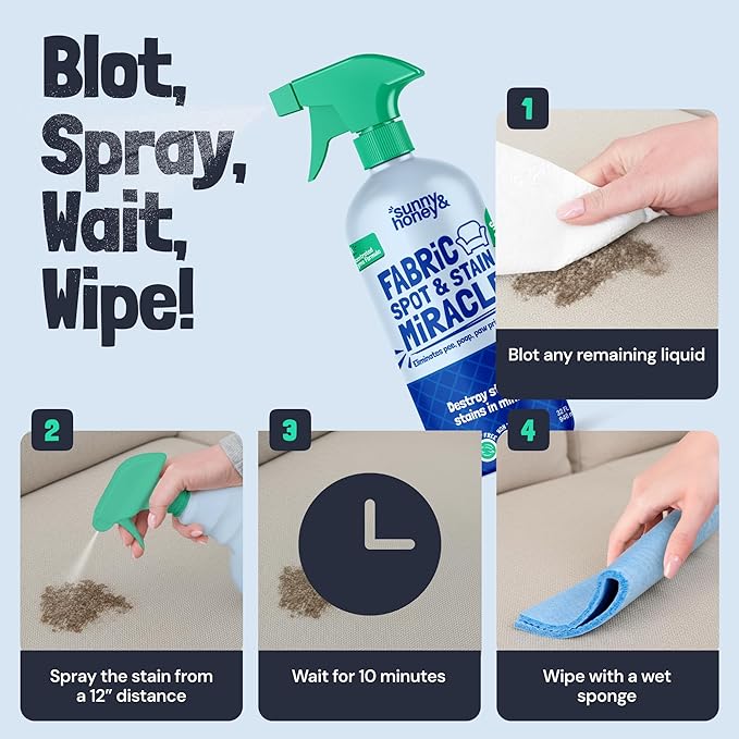 Sunny & Honey Upholstery Cleaner Spray - No Discoloration - Pet & Kid Safe Stain Remover - Multi-Surface Furniture & Sofa Cleaner Spray - Fast-Drying Pet Stain Remover (32 fl oz, Mint)