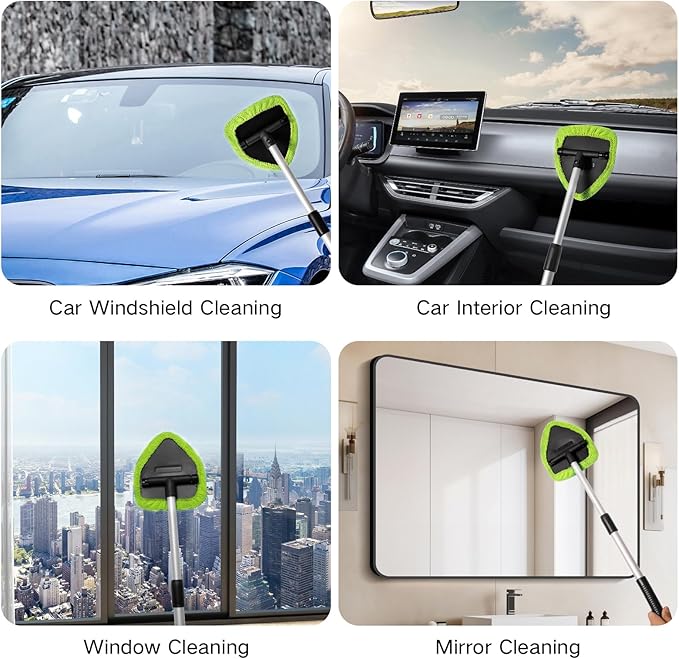10pcs Windshield Cleaning Tool Inside Car Window Cleaner Wash Kit with 4 Reusable Microfiber Pads 1 Spray Bottle and Extendable Handle Interior Auto Glass Wiper Kit, Blue&Green