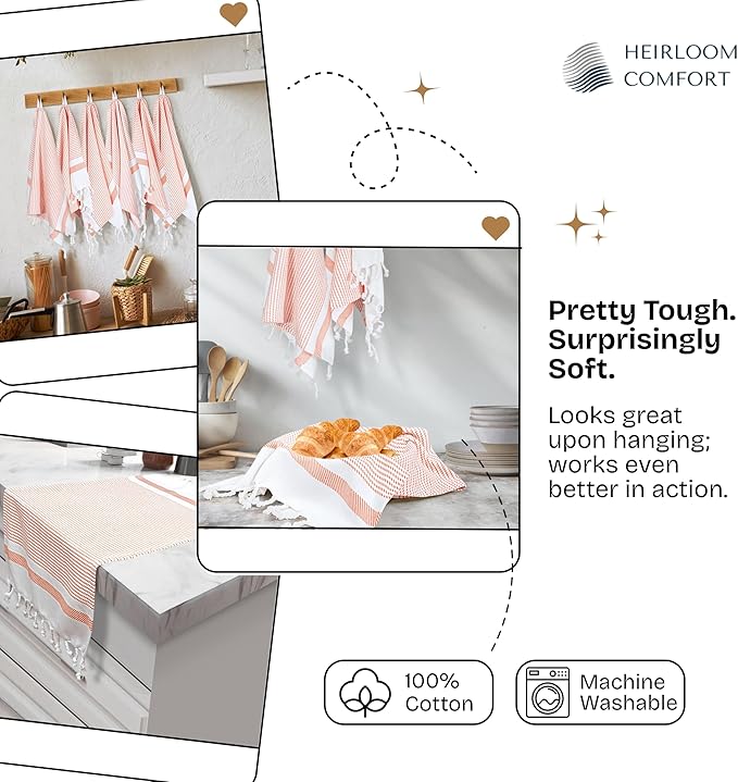 Orange Turkish Kitchen Towels 16x26 Inch, 3 Pack, 100% Cotton, Ultra Absorbent, Soft, Fast Dry, Machine Washable, Dish Towel with Tassels for Drying Dishes, Cleaning, Everyday Use