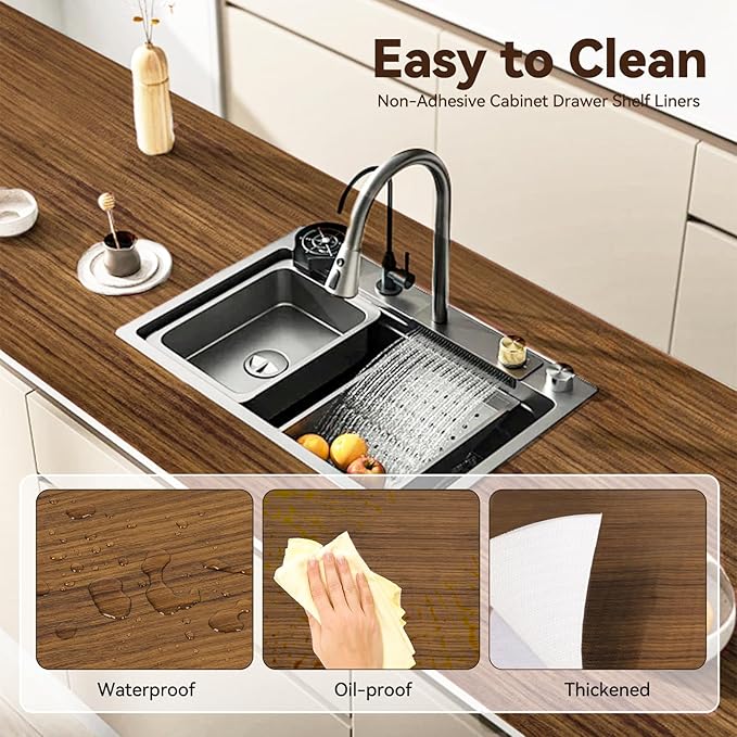 Drawer Shelf Liner for Kitchen Cabinets, Non Adhesive Slip Resistant Shelf Paper Easy to Clean, Strong Grip Thickened Waterproof Washable Mats for Pantry Shelves, Cupboard, Wood Grain, 12 in x 20 FT
